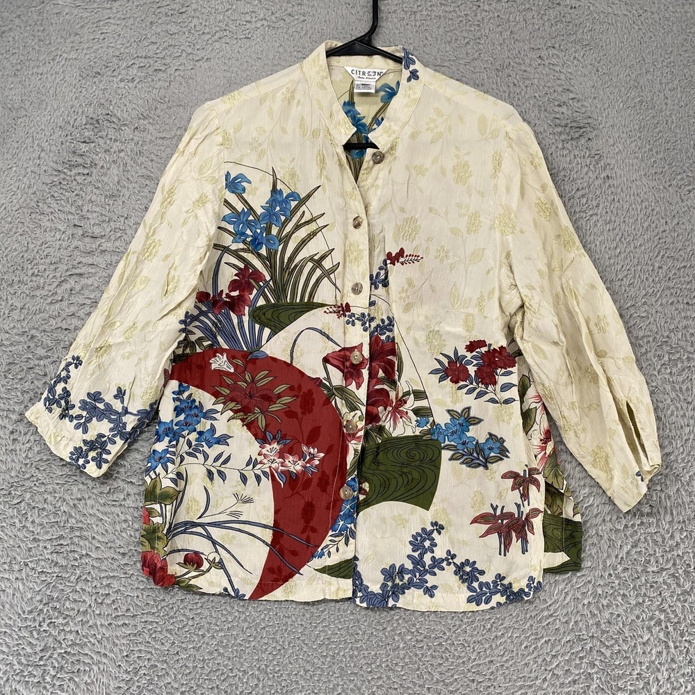 Citron Santa Monica Tunic Top Womens Small Silk Floral Button‎ Up Artsy Asian